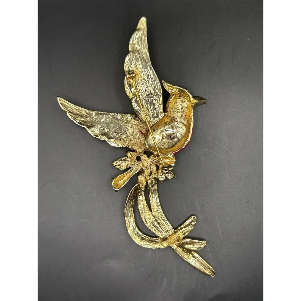 Vintage XLarge Enamel Exotic Bird Brooch Rhinestone Tropical Parrot Pin